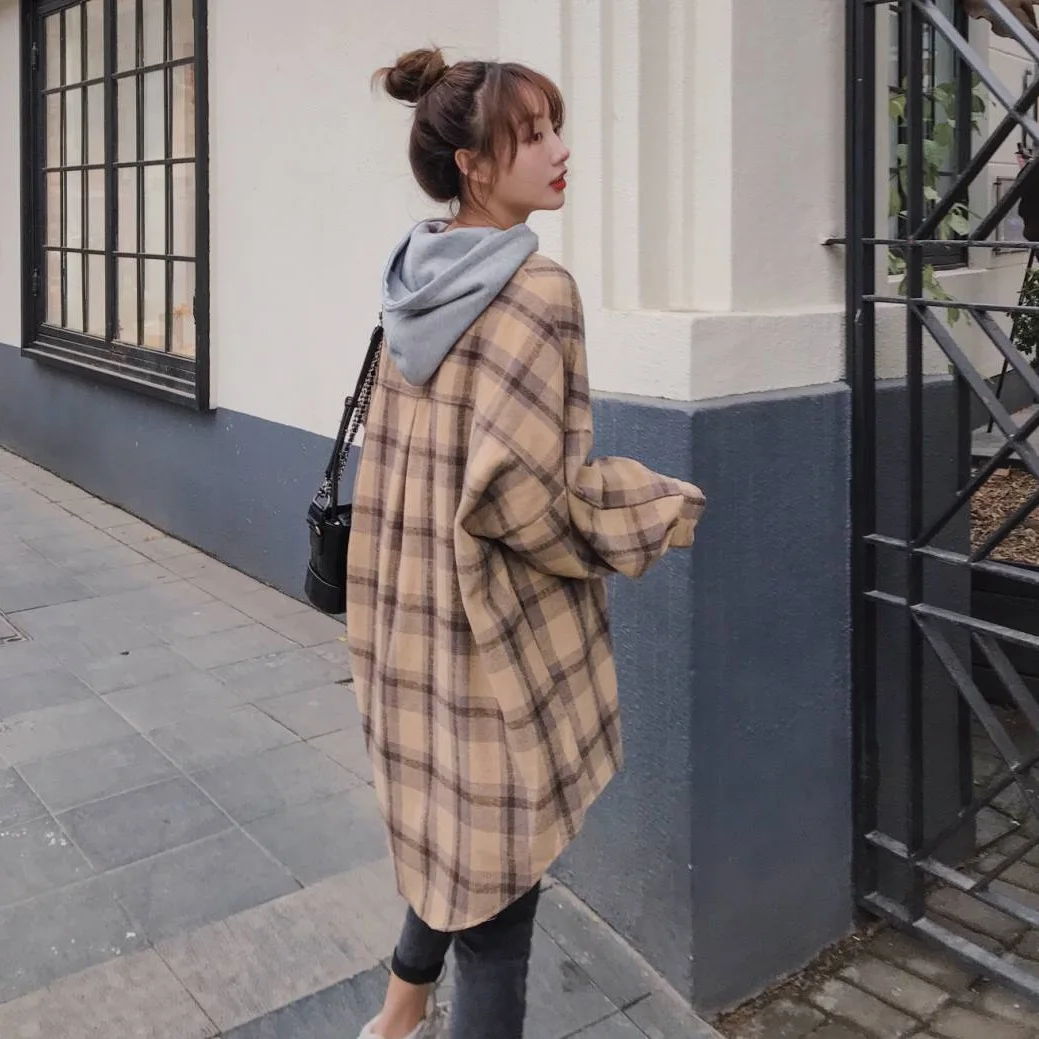 

Photo Shoot INS Harajuku Hong Kong Style Plaid Hooded Single-Breasted Mid-length Loose Casual Bat Sleeve Shirt Coat Women's