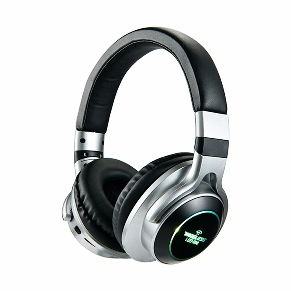 Серый Wireless Headphones Bluetooth V5.0 Headphone LED Light 3D Stereo Headset Support TF Card FM 3.5mm Jack AUX Audio with Mic - Цвет: Серый