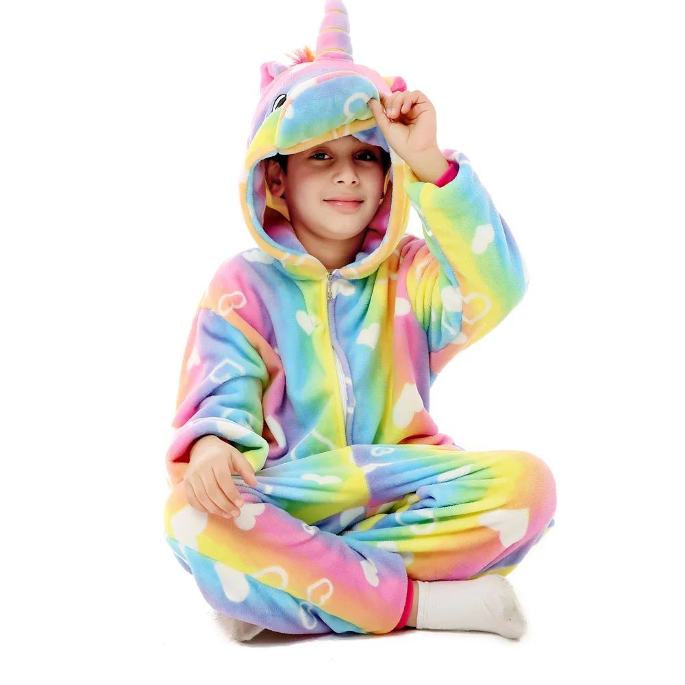 Детский костюм для косплея с радужным единорогом Зимние флисовые комбинезоны