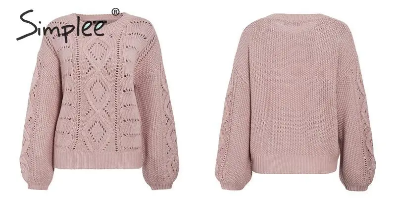 Simplee Hollow out knitted women pullover sweater Lantern sleeve female autumn winter sweater O-neck casual ladies jumper