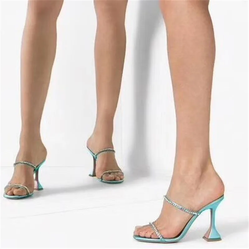 Women Slippers Summer Hot Sale Square Toe Thin Strap Decor Crystal Party Slides Multy Colors Plus Size Women Slippers 35-43