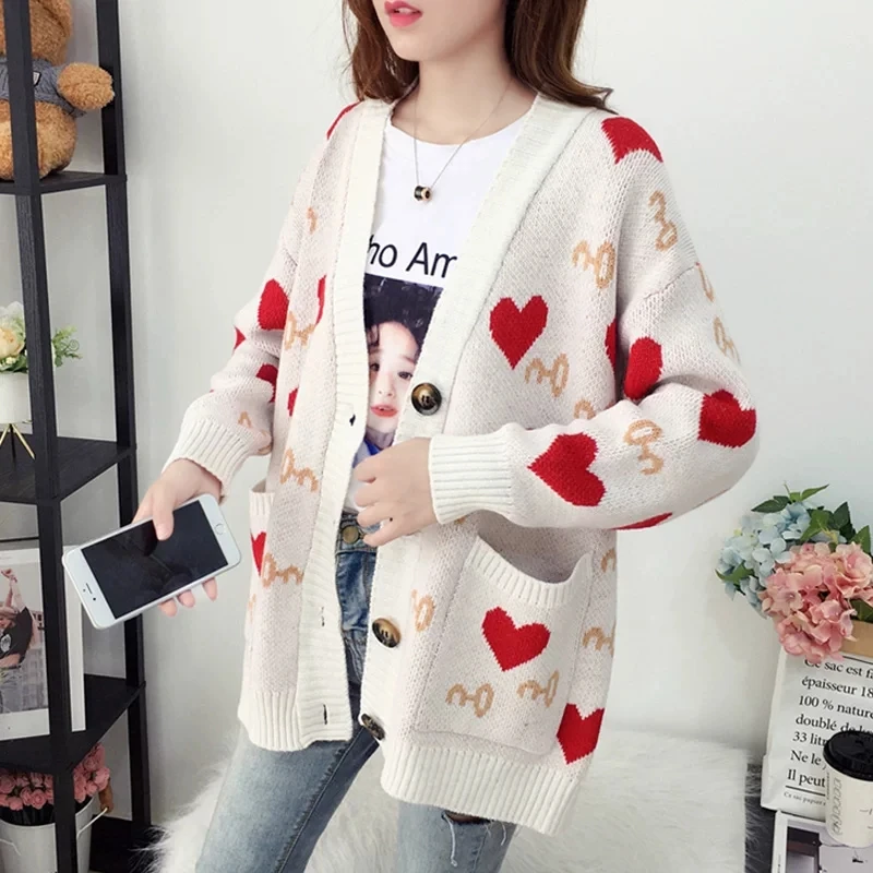 

Women Knitted Cardigan Sweater Jacket Love Cute Pattern Girl Soft Sweet Sweater Pocket Cardigan Coat Female New