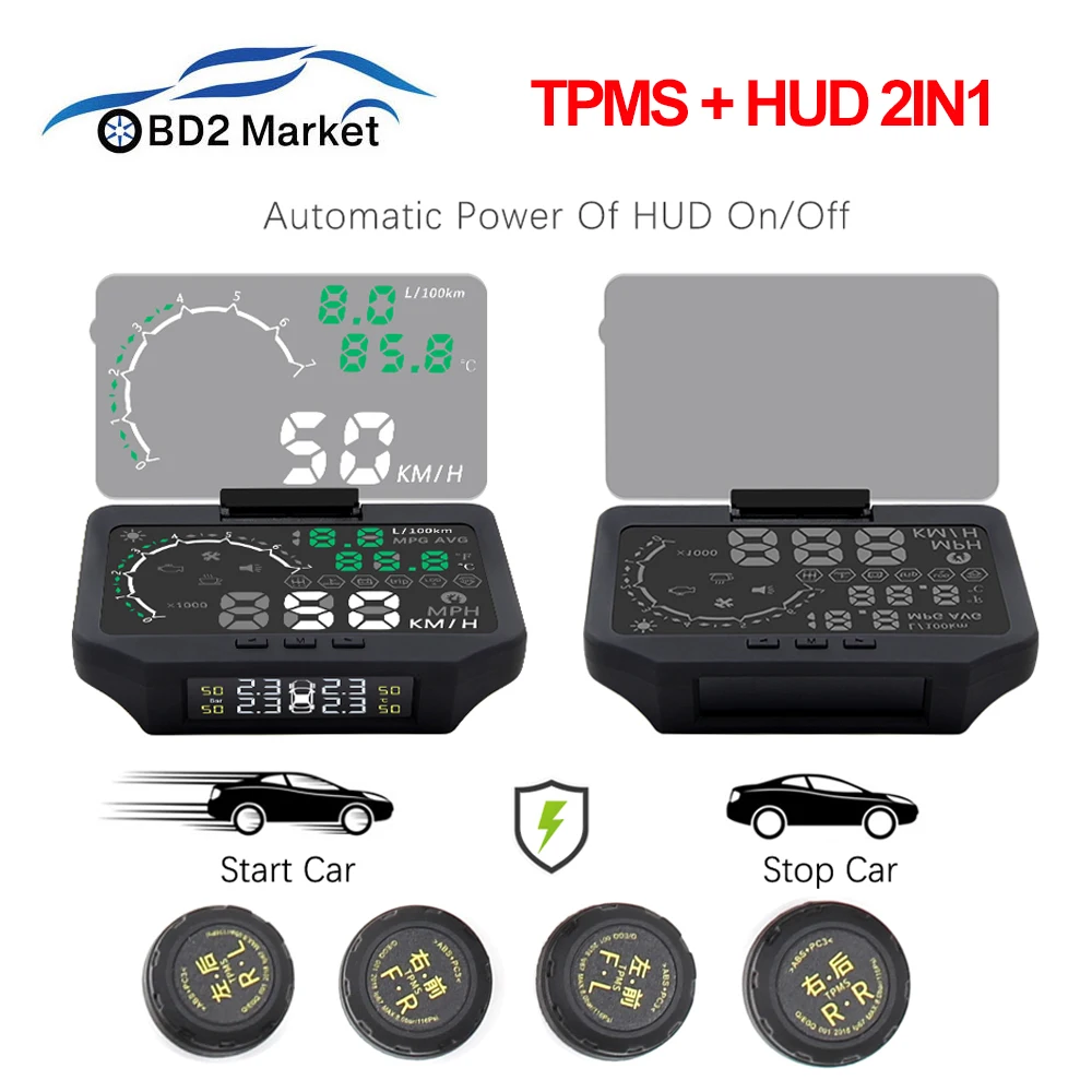 

HUD TPMS 2IN1 OBD OBD2 HUD Car Head Up Display TPMS Car Tire Pressure Monitorting system Bluetooth Sensor Hot sale
