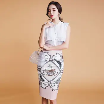 

Fashion Single Breasted Sleeveless Tops Elegant Print Sexy Pencil Skirt Casual Women Two Pieces Set Elegant Office Lady Suit