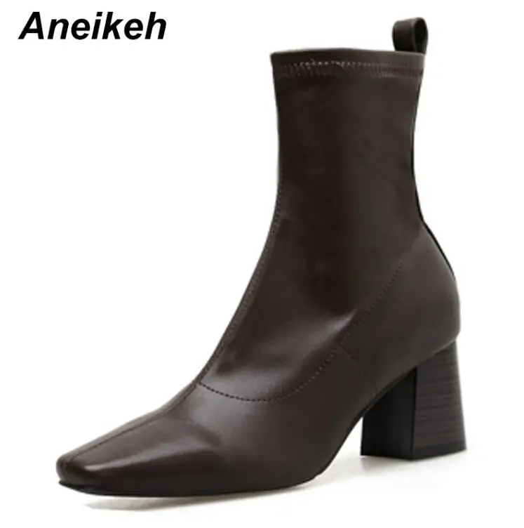Aneikeh/Новинка г. Классические женские ботинки из PU искусственной кожи однотонные слипоны с квадратным носком свадебные танцевальные ботильоны на высоком квадратном каблуке Размеры 35-39 - Цвет: light brown