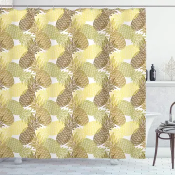 

Yellow Brown Pineapple Shower Curtain Summer Themed Overlapping Curving Exotic Tropical Pineapples Lines Print Bathroom Curtain