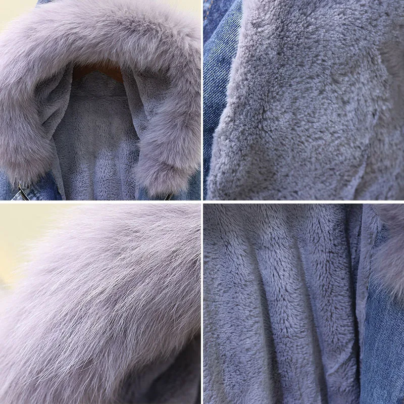 Vefadisa Fur Collar Denim Parka Woman Winter Solid Blue Black Thick Denim Parka Pockets Zippers Loose Parka QYF969