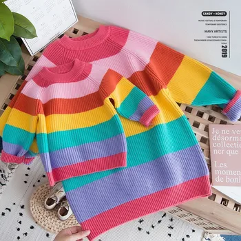 

Winter Family Christmas Sweaters Mother&Daughter Hoodies Clothes Stripe Children's Bottoming Shirt Kids Sweatshirt Gift