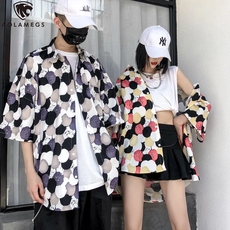 

Aolamegs Men's Shirt Hit Color Big Polka Dots Print Short Sleeve Hawaiian Shirts Men Oversize High Street Couple Streetwear men