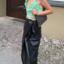 Легкая ошеломляющая черная/Верблюжья искусственная кожаная обертка миди юбка нейтральная эластичная высокая талия галстук пояс ПУ винил силуэт юбка