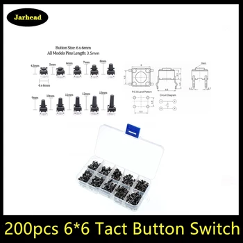 

200pcs 6*6 Tact Switch Tactile Push Button Switch Kit, Height: 4.3MM~13MM DIP 4P micro switch 6x6 Key switch For Arduino