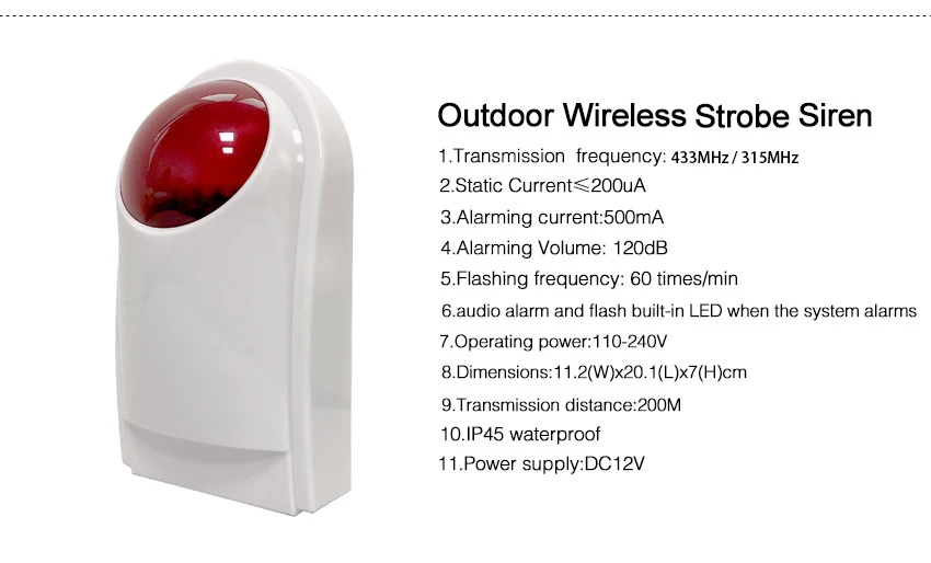 Беспроводная наружная Водонепроницаемая звуковая стробоскопическая вспышка сирена 315 МГц/433 МГц с 120дБ звуковым сигналом и красной вспышкой