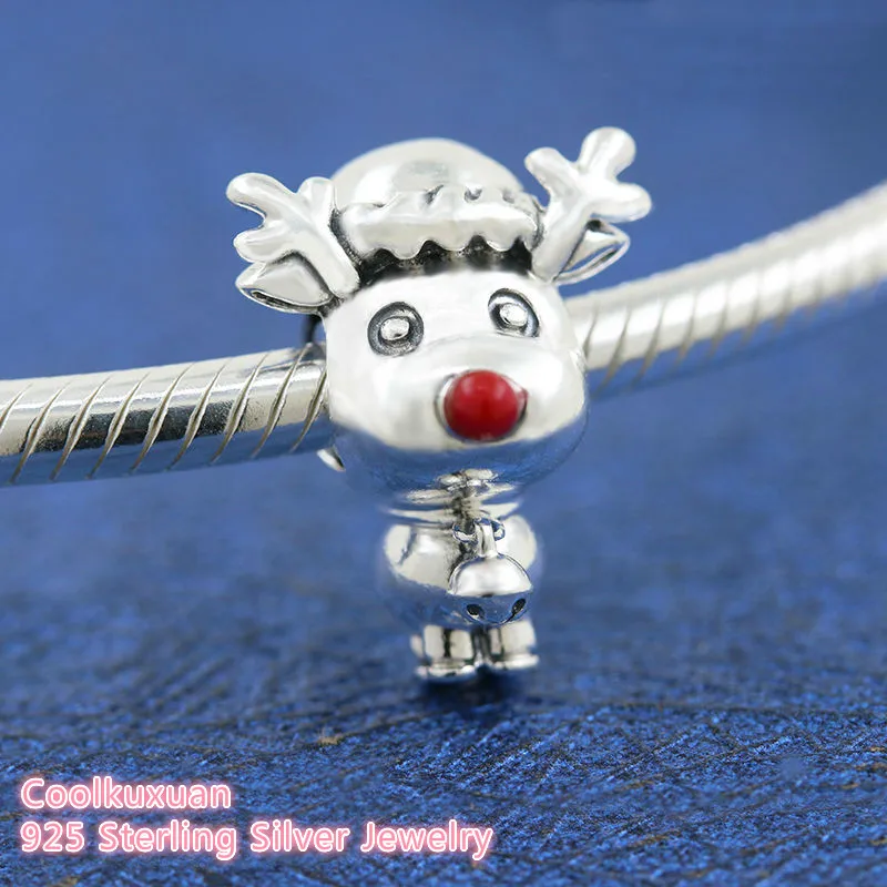 

Christmas Original 100% 925 Sterling Silver Red Nose Reindeer Charm beads Fits Brand bracelets Jewelry Making