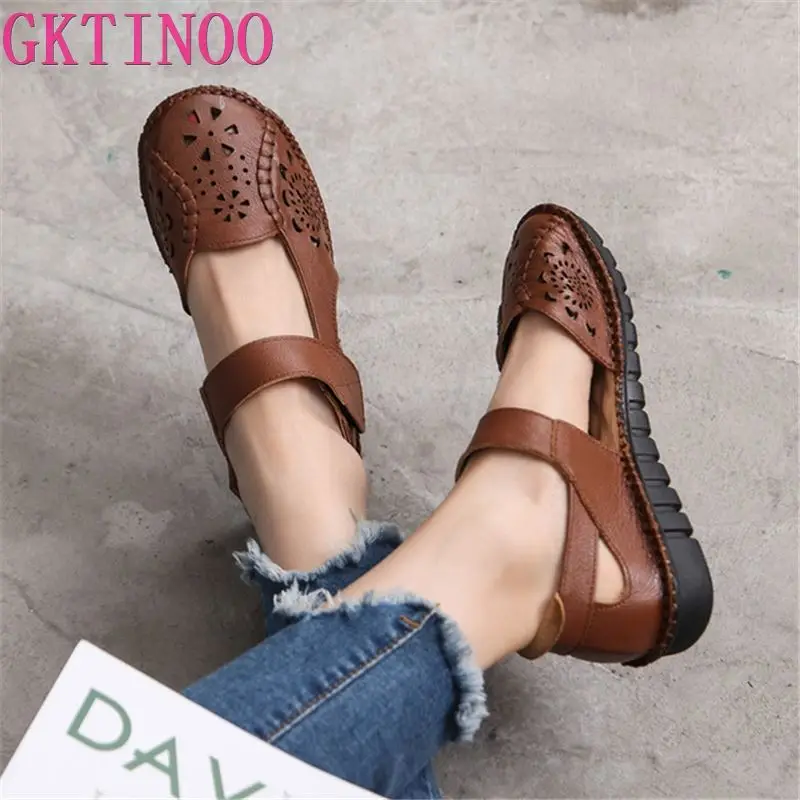 Women Sandals Hollow Genuine Leather Breathable Soft Flat Summer Casual Solid Buckle Strap Ladies Sandals women sandals