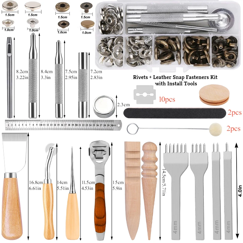 Leather Craft Tools Kit With Metal Button Snaps Fasteners Set Punch Carving Work Saddle For DIY Hand Sewing Stitching LMDZ leather sewing kit leather tools leather craft tool kit leather craft tools leather craft tool leather punches snap buttons tools