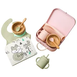 1set Baby Silicone Tableware BPA Free Straw Cup Bib Bamboo Bowl Children Baby Eating Dinnerware Set Newborn Birthday Gifts