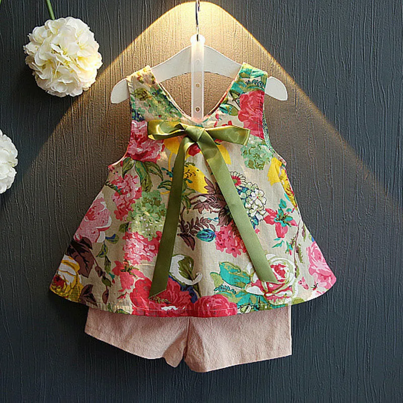 2020 New Girl Sling Skirt Bow Print Floral Children's Clothing Cute Flower to Knee Princess Party Dress + Pants | Детская одежда и