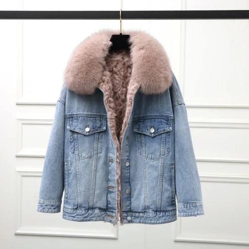 Pink Парки с подкладкой из натурального овечьего меха корейское зимнее джинсовое пальто женские Роскошные куртки с воротником из лисьего меха теплые шерстяные топы 0188 - Цвет: Pink