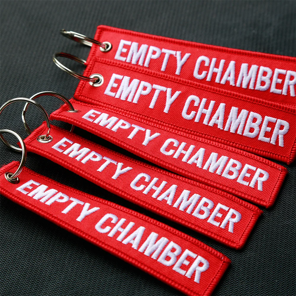 6pcs Empty Chamber Keychain REMOVE BEFORE PEW PEW Double Side Embroidered Key Fobs Hook Loop Key Chain for Aviation Tag Gun Safe