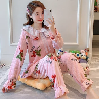 

Pajamas Women Winter Flannel Long-sleeved Thickening Plus Velvet Coral Fleece Cute Autumn And Winter Home Service Suit Women