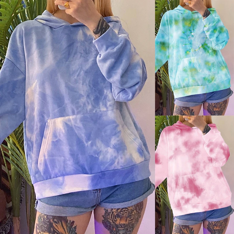 

Women's Tie Dyed Hooded Sweatshirt Ladies Loose Pullover Top Fall Long Sleeve Loose Drawstring Pullover Casual Hoodie