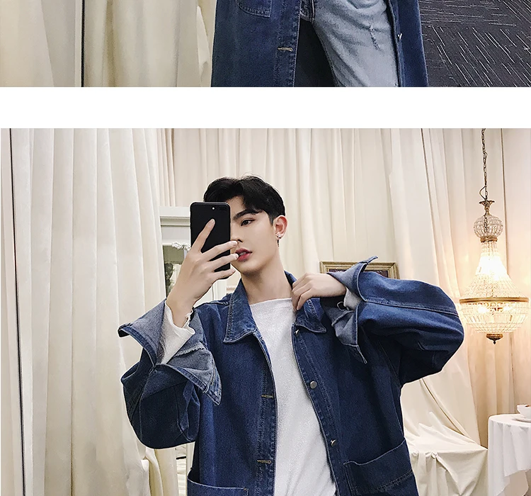 Men Long Casual Denim Trench Coat Streetwear Hip Hop Fashion Loose Cowboy Cardigan Jacket Male Jean Windbreaker Overcoat