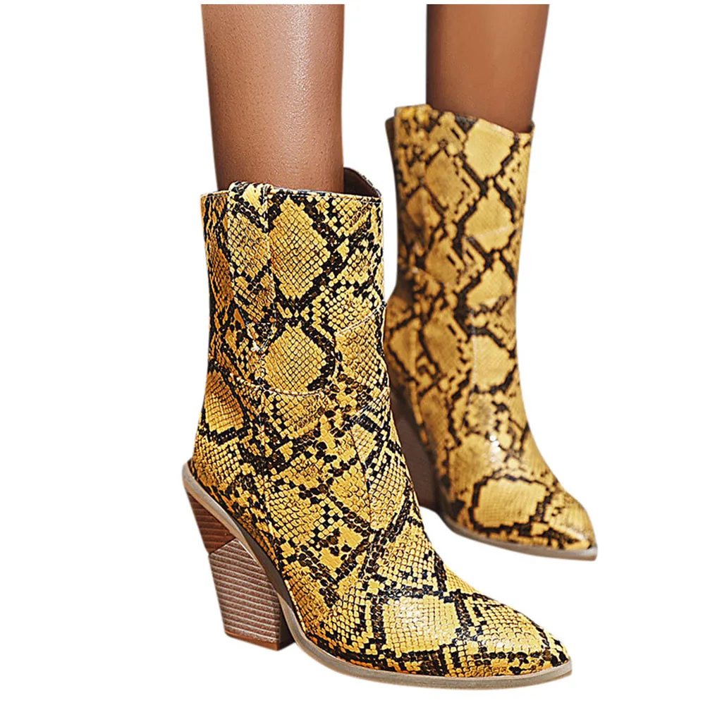 autumn Winter new Womens Leather Snake Print Wedges Shoes Pointed Toe Cowboy Slip-On Boots high heel boots women boots#O19