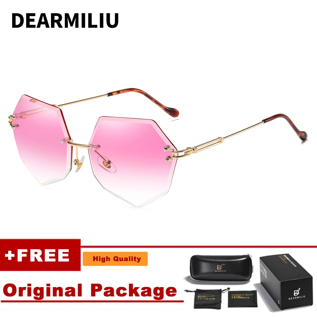 DEARMILIU Brand Designer Round Sunglasses Women Oversized Polygon Gradient Brown Pink Rimless sun glasses For female UV400 - Цвет линз: Dark Pink 1
