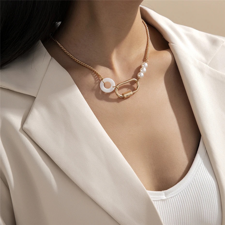 Hip Hop Punk Oval Imitation Pearls Necklace Vintage Geometric Round for Men Women Neck Gothic Jewelry | Украшения и аксессуары