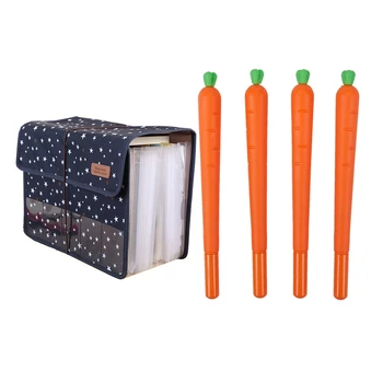 

HOT-4 Pcs Carrots Pen Plastic Black Ink Cute Vegetable & 1x Expandable Accordion 12 Pockets A4 File Folder Oxford