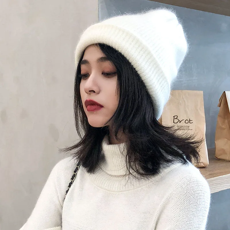 Зимние шапки-бини для женщин, вязаные шапки Gorros, теплые новые Брендовые женские повседневные однотонные шапки из кроличьей шерсти, Утолщенные мягкие шапки для женщин - Цвет: Color 2