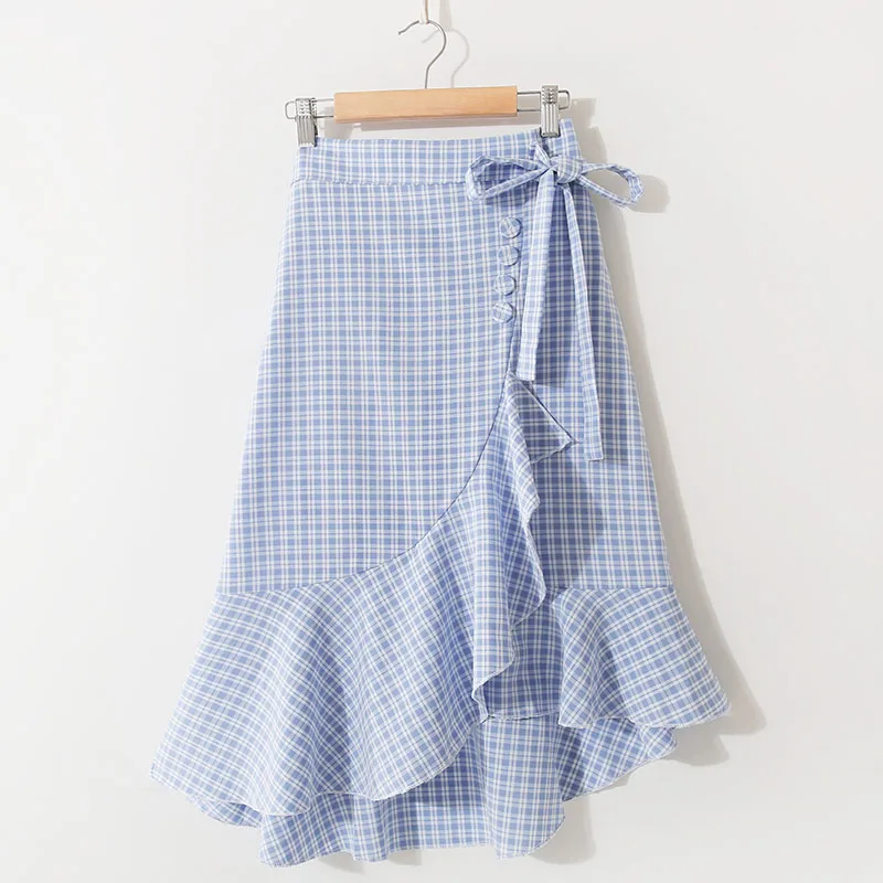 

2019 Spring Autumn New Arrival Bow Tie Skirt Plaid High Waist Chic Long Skirt Irregular Long A-line Skirt