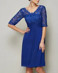 A-Line Mother of the Bride Dress Plus Size V Neck Knee Length Chiffon Lace Half Sleeve Wedding Guest Gowns