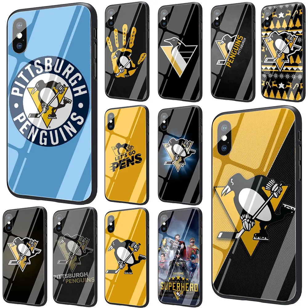 

EWAU Pittsburgh Penguins Tempered Glass Phone Cover Case For iPhone 11 Pro 6 6S Plus 7 8 Plus X XS XR XS Max
