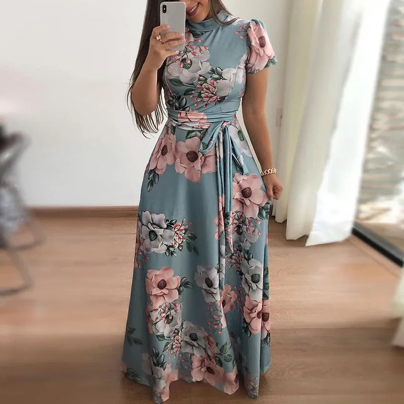 Женские, с цветочным узором, с коротким рукавом, Boho платье, женское вечернее длинное платье макси