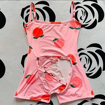 

New Womens Jumpsuit Sleepwear Fashion Sleeveless Crew Neck Loose Leotard Short Pants Ladies Peach&Letter Print Summer Sleepsuit
