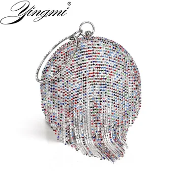 

Diamonds Circular Day Clutches Ball Fashion Women Evening Bags Tassel Rhinestones Small Day Clutch Party Dinner Evening Bags