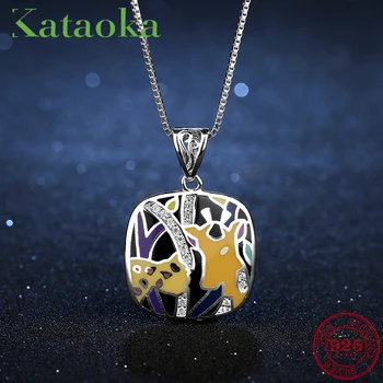 

Round square Magical Animal pattern Pendant Necklace for women 925 Sterling Silver Charms CZ Fashion Jewelry Party Gift Enamel