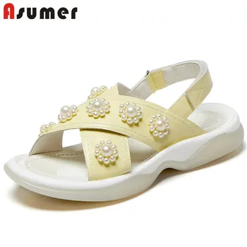 

ASUMER 2020 new arrive flat shoes women sandals genuine leather pearl solid colors summer comfortable fashion casual shoes woman