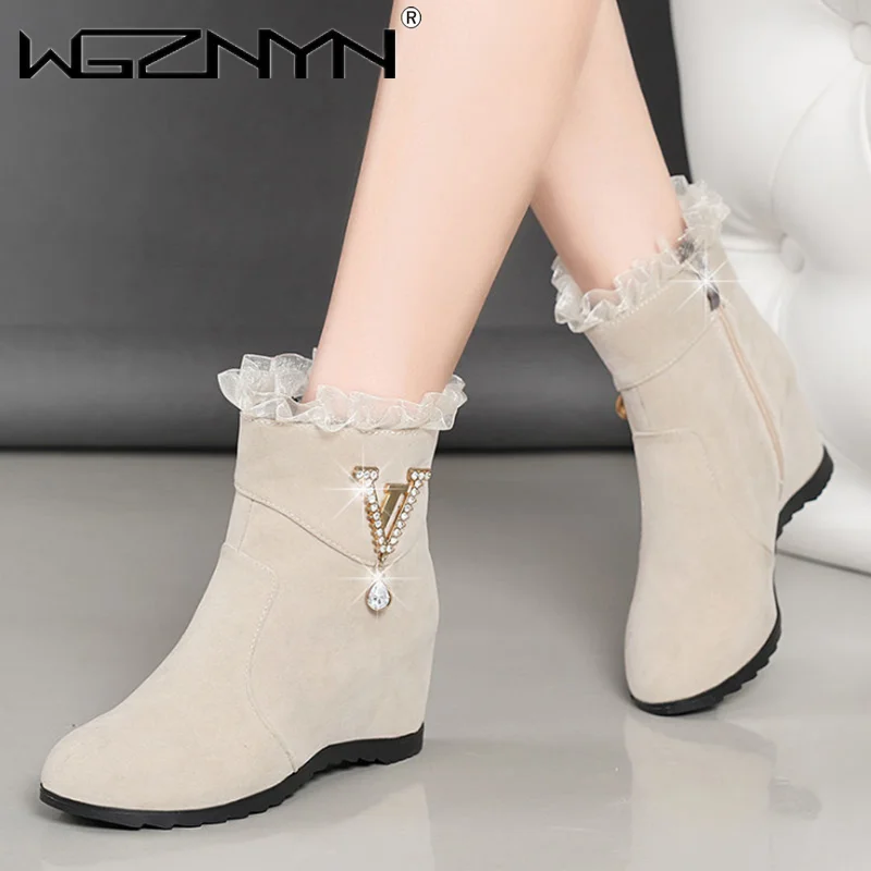 Women Ankle Boots New Winter Fashion Women Wedges Ankle Boots Increasing Height Shoes Gauze High Heels Booties Metal Rhinestone Botas Mujer women ankle boots