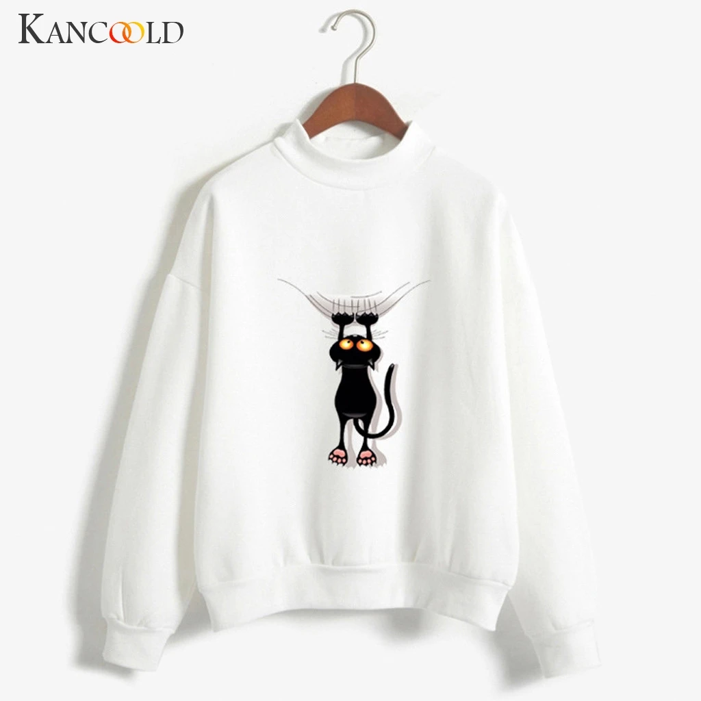 Толстовка KANCOOLD с круглым вырезом, однотонная, с рисунком кота, с длинным рукавом, плюс бархатная толстовка с персонажем, новая Женская толстовка 2019AUG16