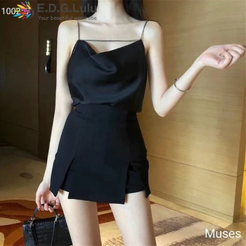 

EDGLuLu womens spring summer two piece set skirt v-neck satin black sexy top+high waist skirt white 2 piece skirt 0401