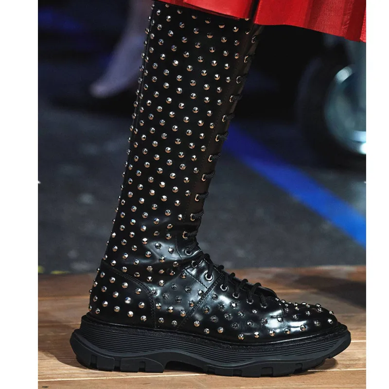 New Rivet Black Genuine Leather Thick bottom Knight Boots Woman Round Toe Lace Up Knee Boots Woman Motorcycle Boots Woman