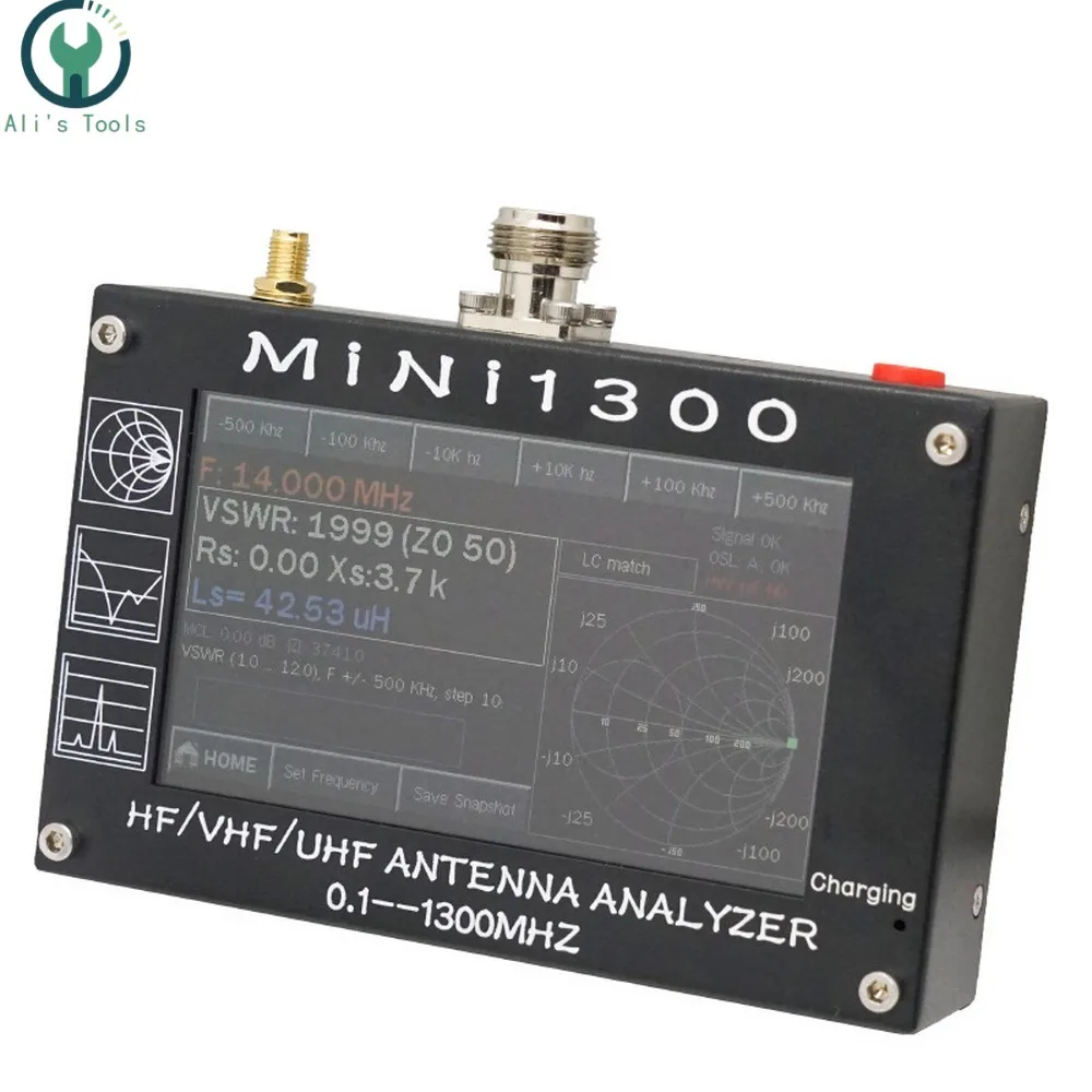 

MINI1300 5V/1.5A HF VHF UHF Antenna Analyzer 0.1-1300MHZ Frequency Counter SWR Meter 0.1-1999 with 4.3" TFT LCD Touch Screen