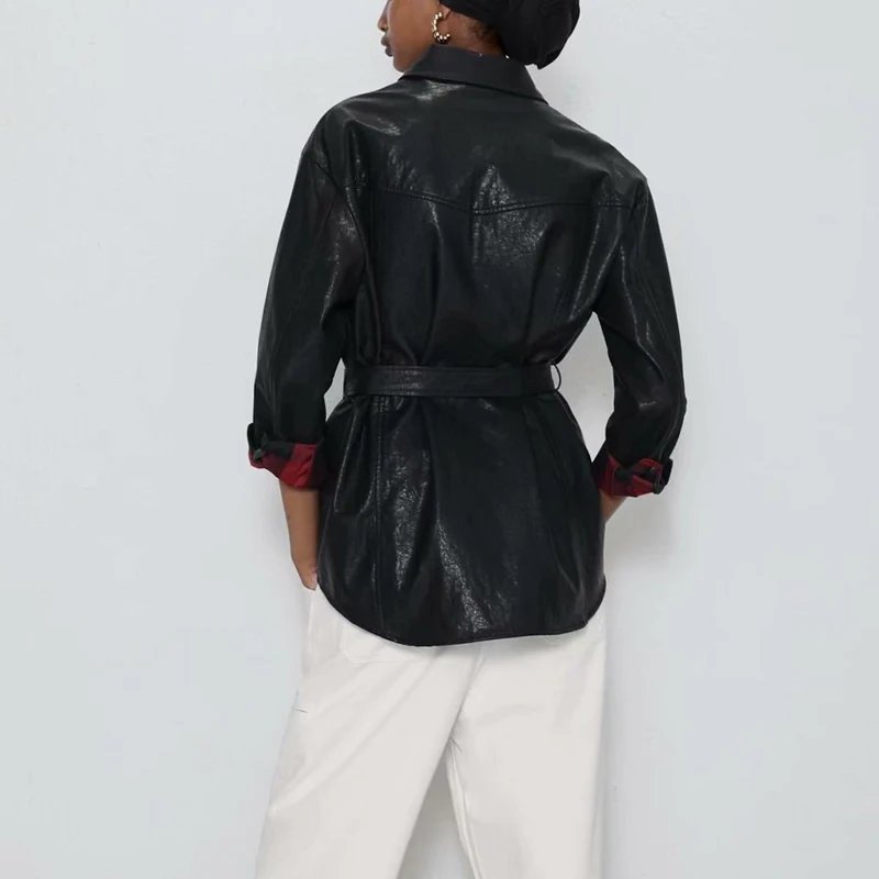 Осенняя клетчатая куртка из искусственной кожи, Женская однобортная Черная куртка с поясом, женская повседневная верхняя одежда, Jaqueta Feminina