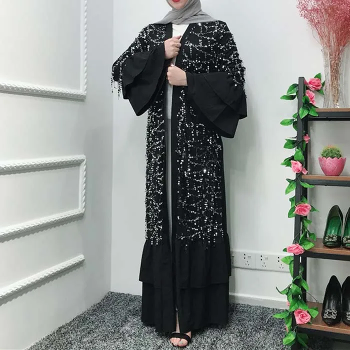 Мусульманское Бисероплетение абайя блёстки полное платье кардиган-кимоно длинные халаты Туника Jubah катфан Ближний Восток Рамадан Eid Арабский исламский - Цвет: black