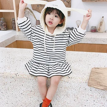 

2019 Autumn Children Girls Dress Cotton Long Sleeve Striped Cartoon Rabbit Ear Hooded Sweatshirt Dress For 2-7Yrs Kids Clothes