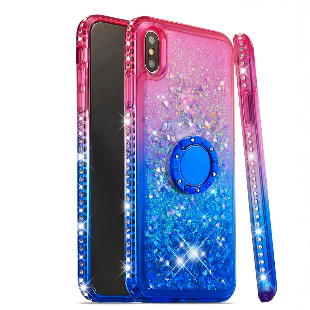 Для iPhone 6 6S 7 8 Plus X XR XS Max Gradient Quicksand Series Блестящий Защитный чехол с кольцом держатель ТПУ бампер Подушка Чехол - Цвет: Pink Blue