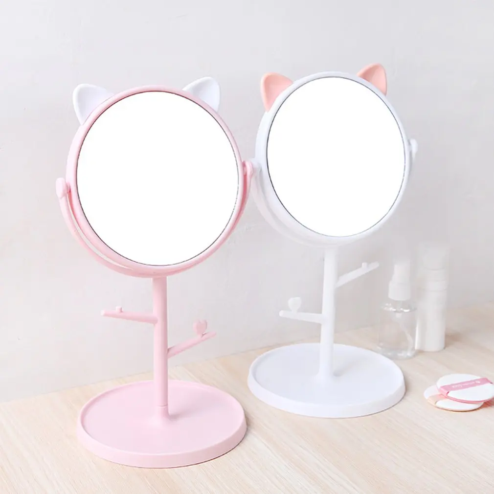 Adjustable Desktop Multi-function Vanity Mirror Table Makeup Mirror Cat Ear Jewelry Box Cosmetic Mirror