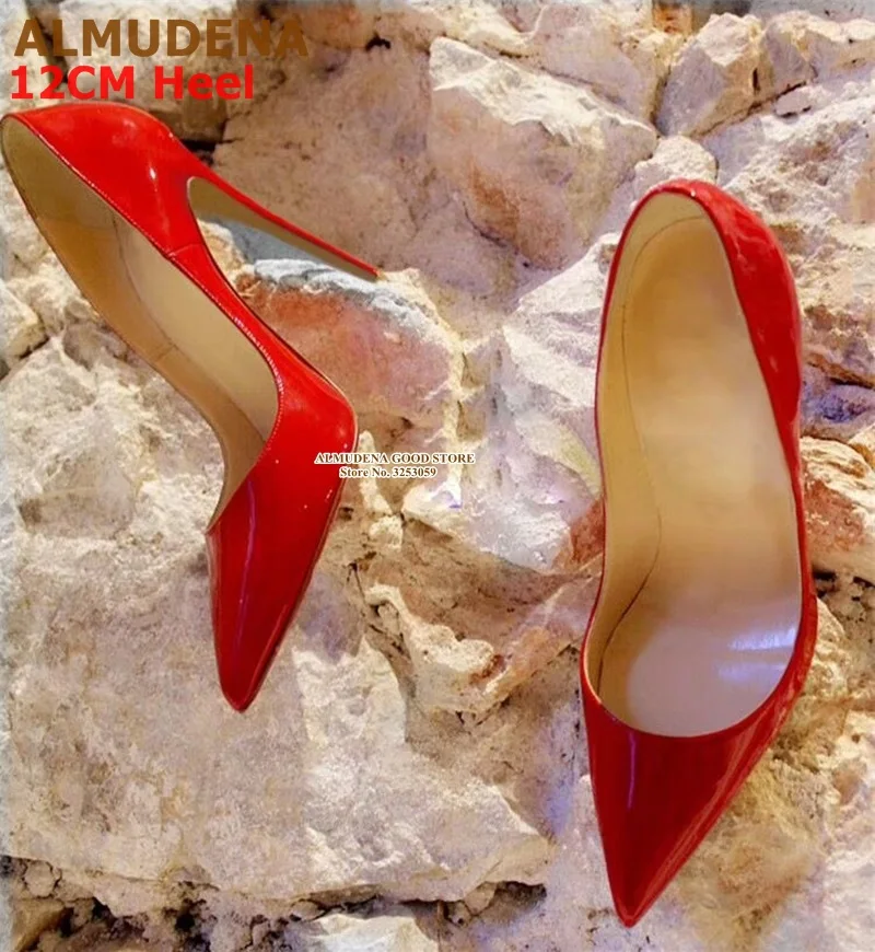 12cm heel red ALMUDENA/фиолетовые туфли-лодочки из лакированной кожи с острым носком свадебные туфли без застежки с закрытым носком 12 см вечерние туфли на высоком каблуке 10 см, 8 см туфли-лодочки, размер 45 - Цвет: 12cm heel red